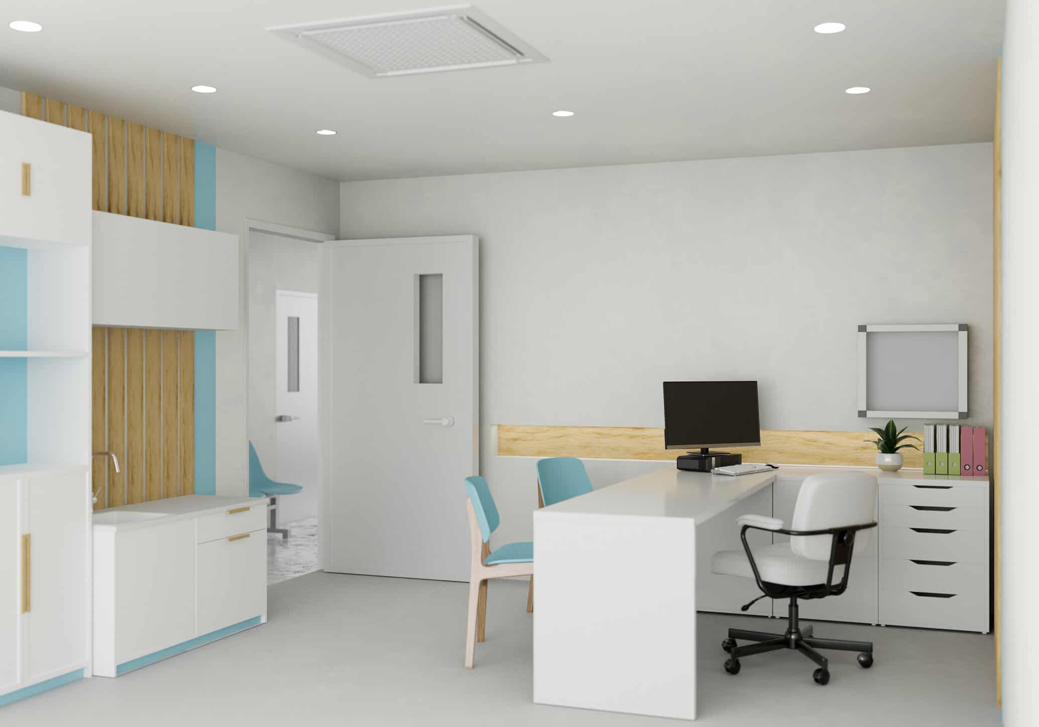 white and bright doctor office or medical office interior design with computer on doctor office desk, files cabinet, and decor.